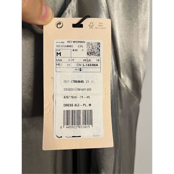 Mango MNG Women's Asymmetrical Satin-finish Dress w/ Asymmetrical Hem Silver Siz - Picture 12 of 16